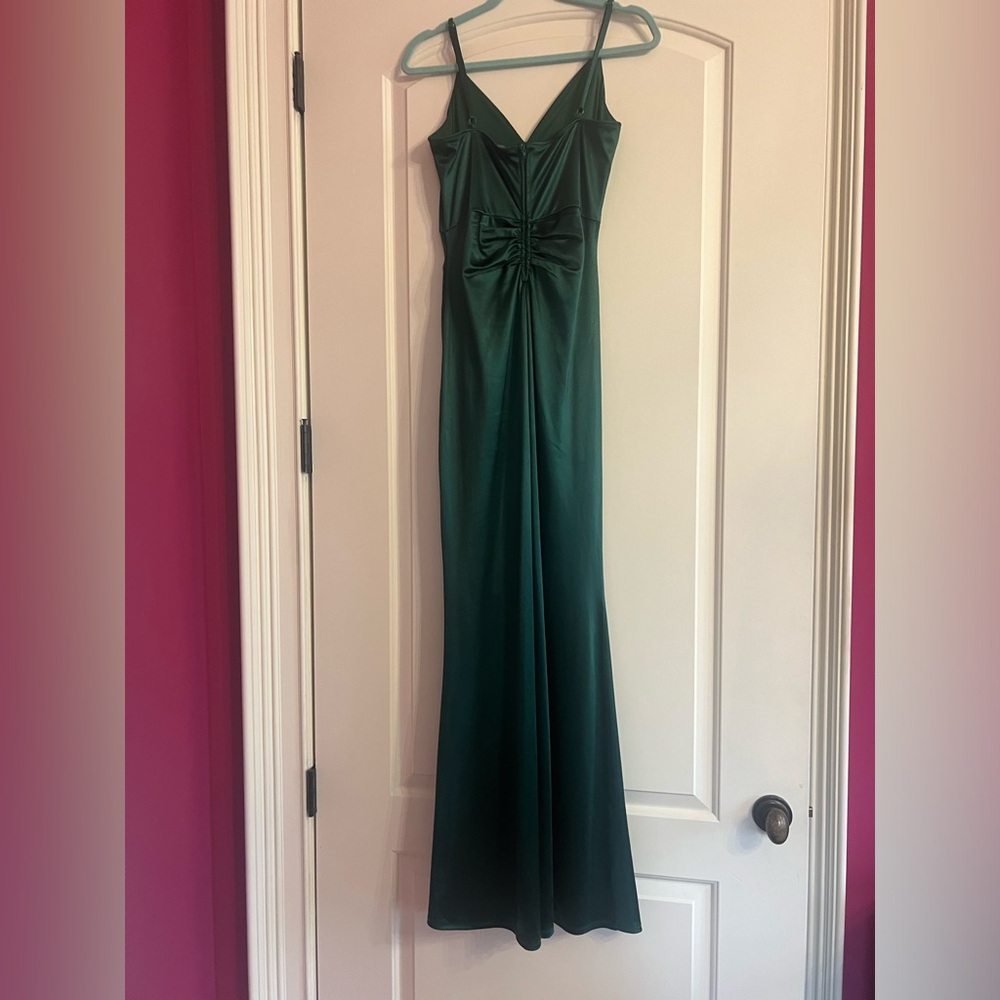 Honey & Rosie Green Evening Gown | Ruching, V Neck, Side Slit & Spaghetti Straps - Picture 7 of 11
